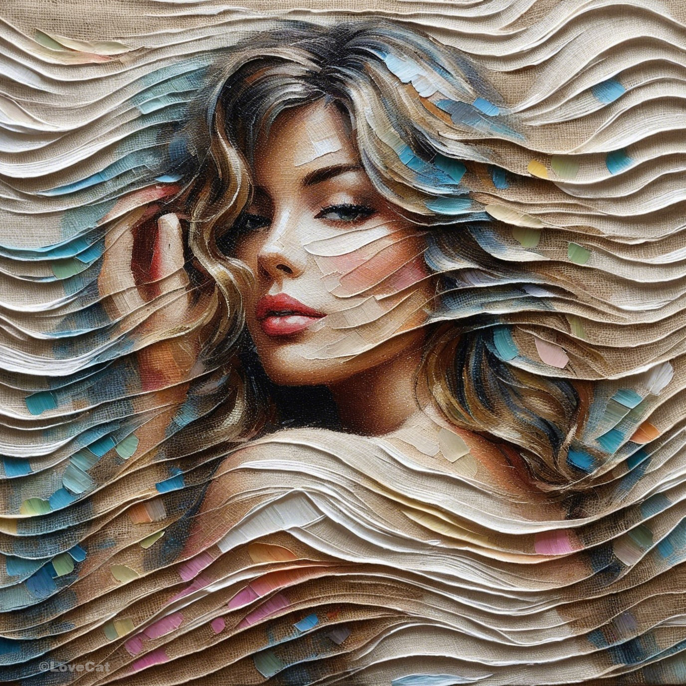 Portrait of a Woman with Textured Waves and Pastel Hues