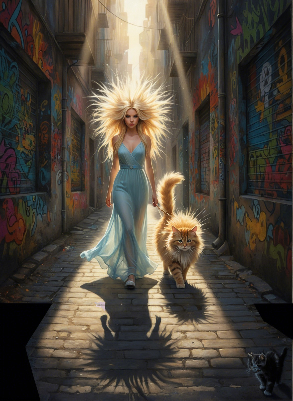Woman in Blue Dress with Lion-like Cat in Graffiti Alley