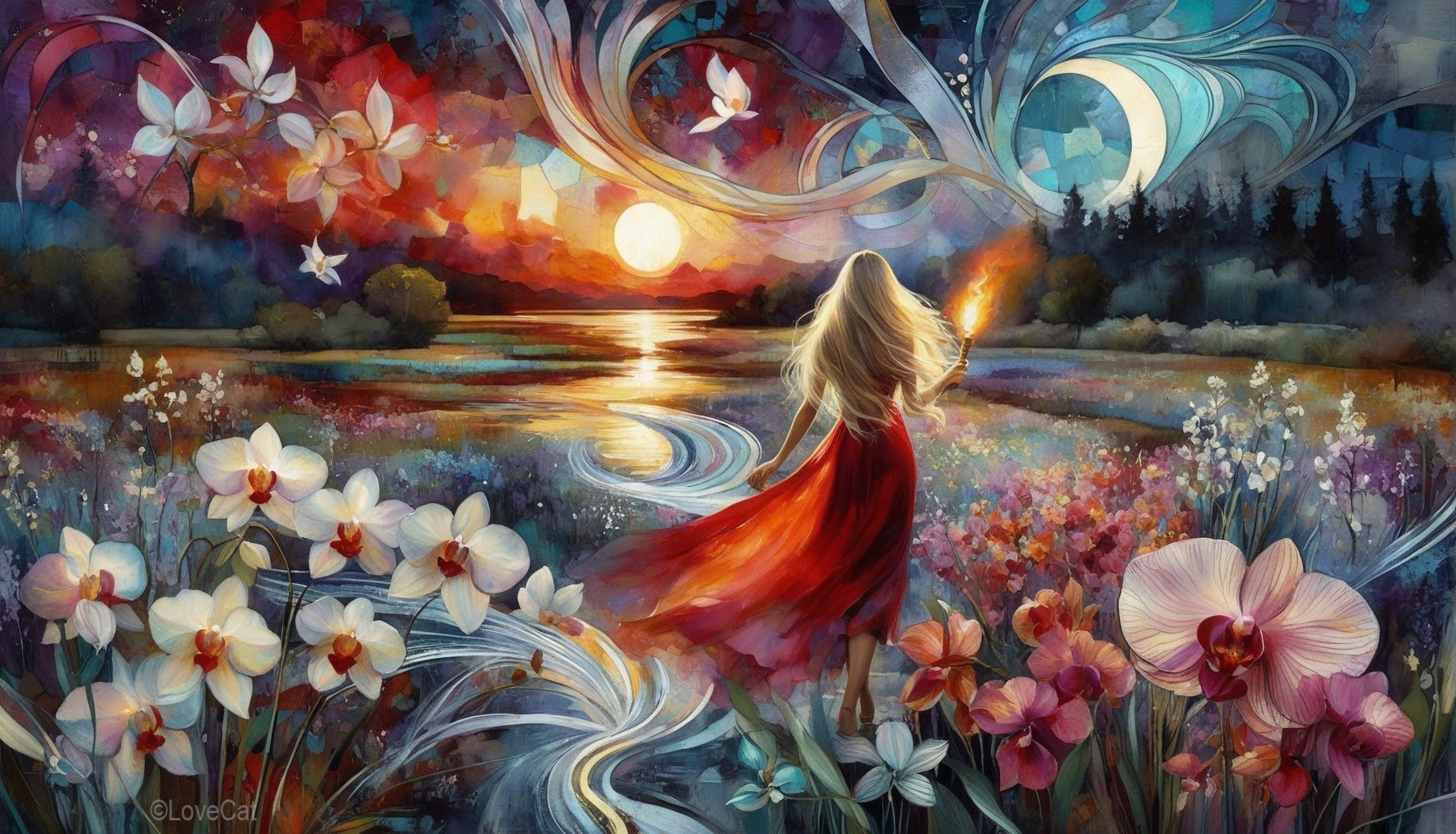 Serene sunset landscape with woman by shimmering lake