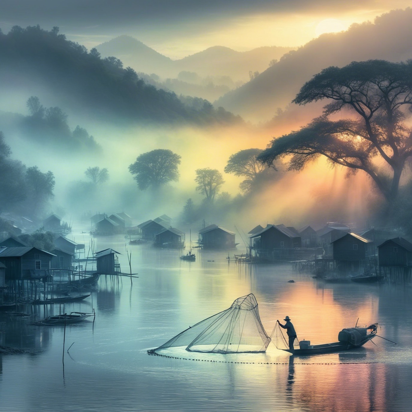 Serene Dawn Landscape with Fisherman on Misty River