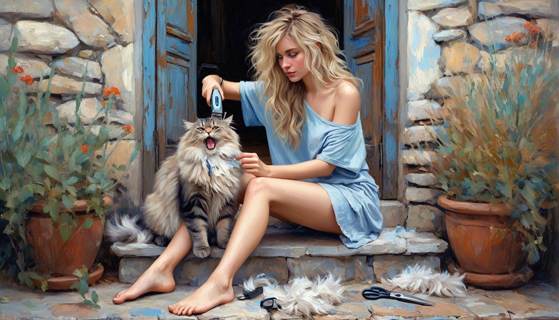 Young woman in blue dress grooming a fluffy cat