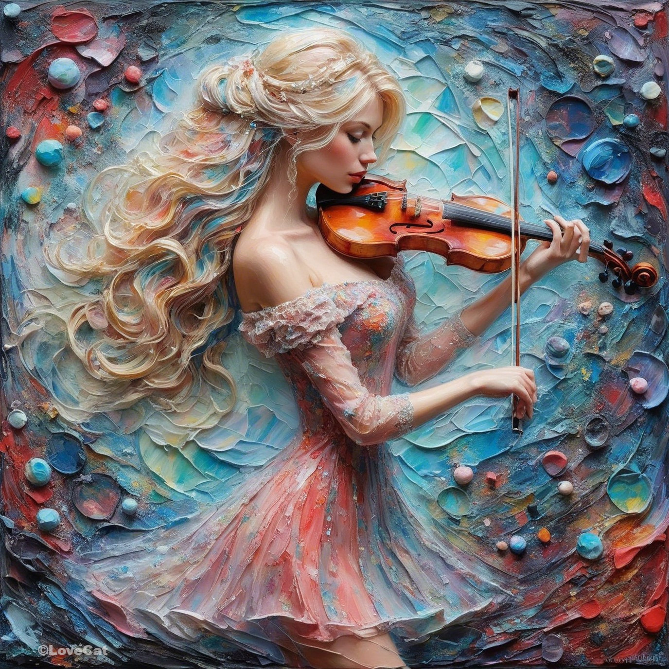 Violinist in Pastel Dress Amidst Colorful Background
