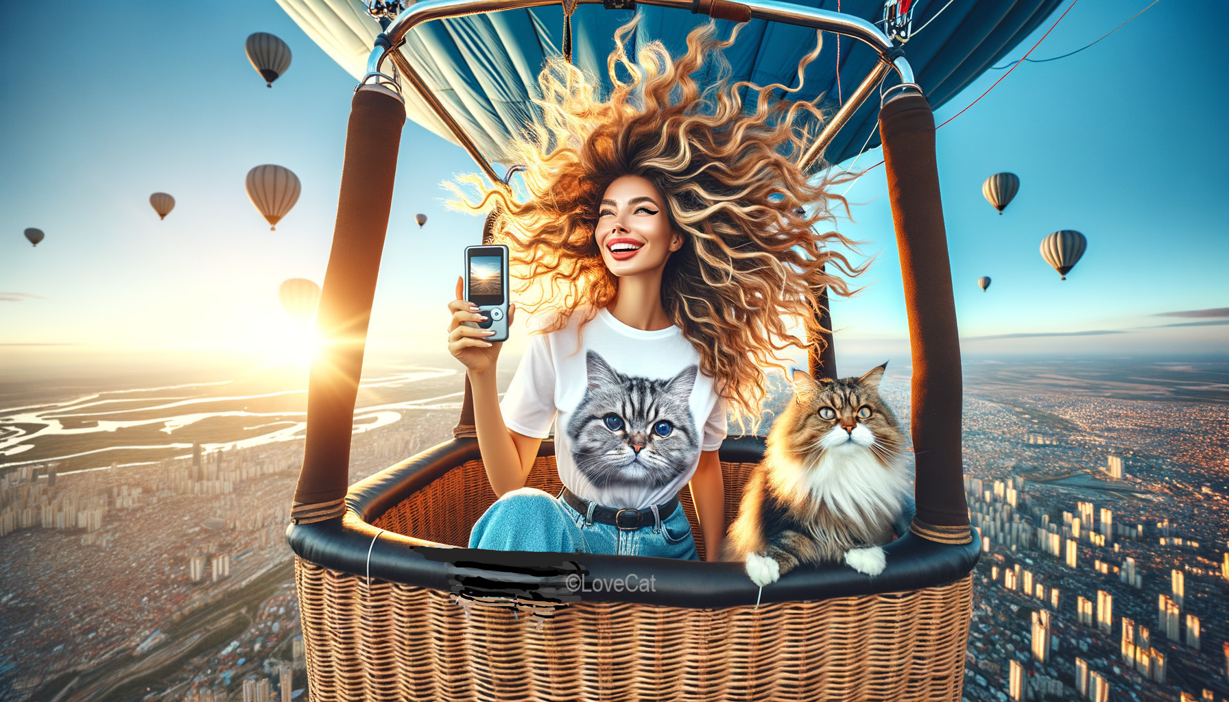 Woman with curly hair in hot air balloon at sunset