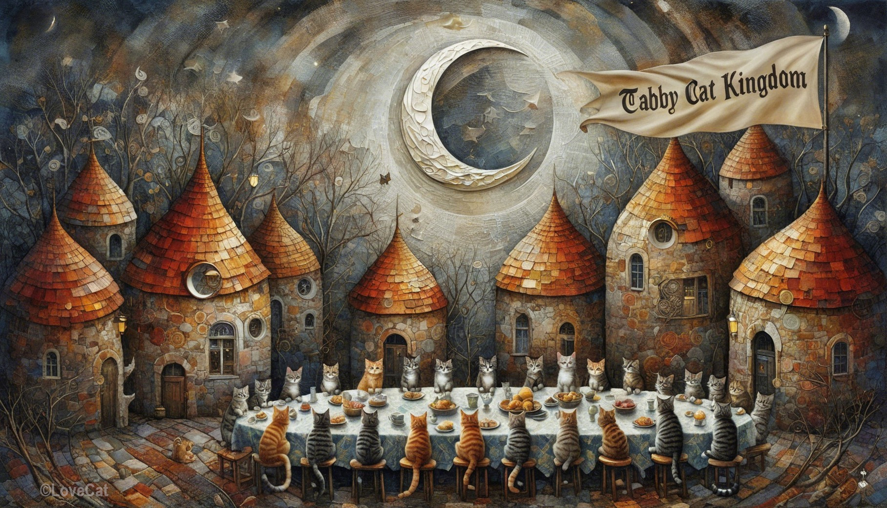 Cats at a Banquet Table Under a Crescent Moon