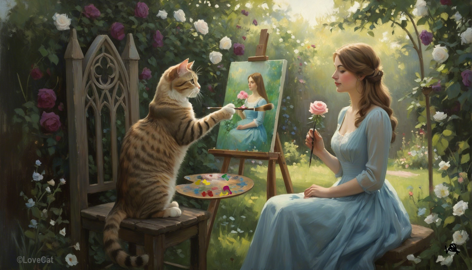 Woman Painting in a Garden with Roses and Cat