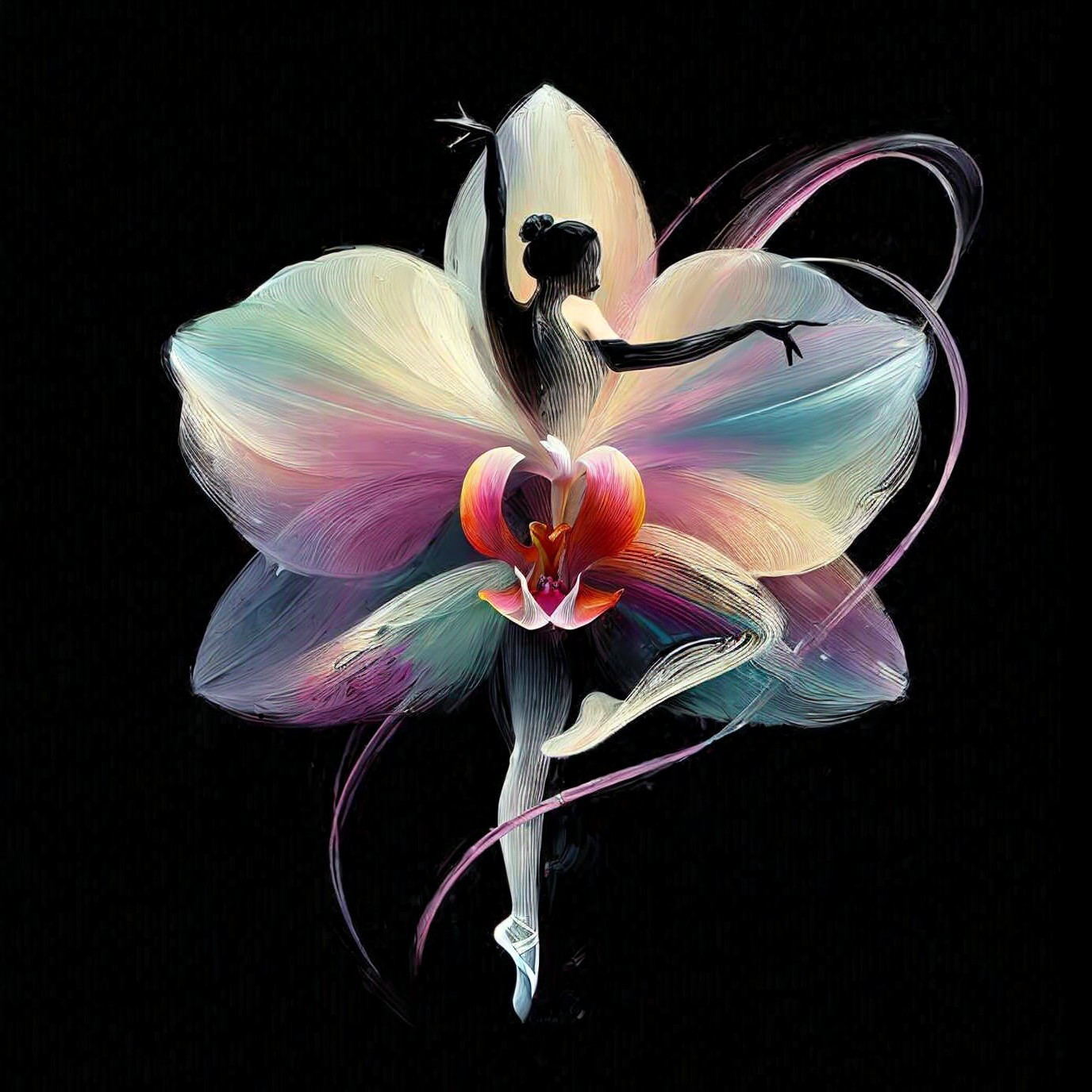 Dancer Posing Among Vibrant Orchid-Like Flowers