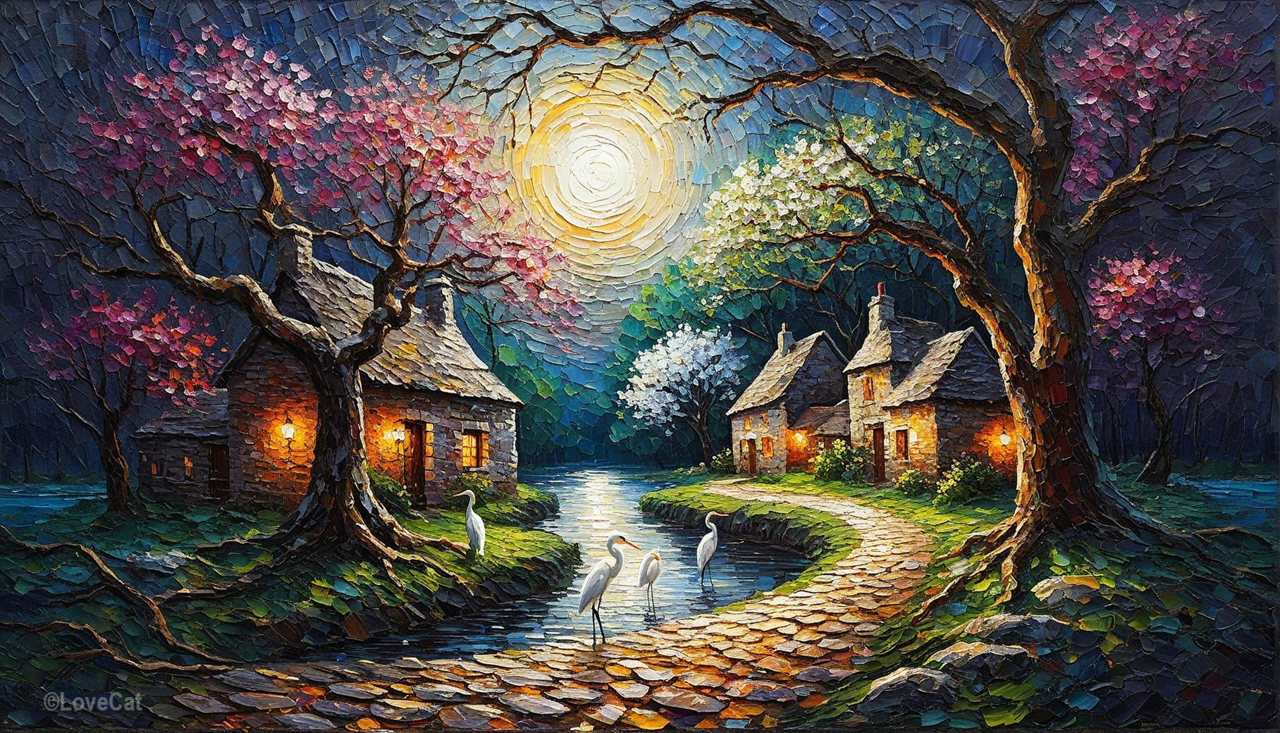 Serene Village Scene with Moonlit River and Blossoms