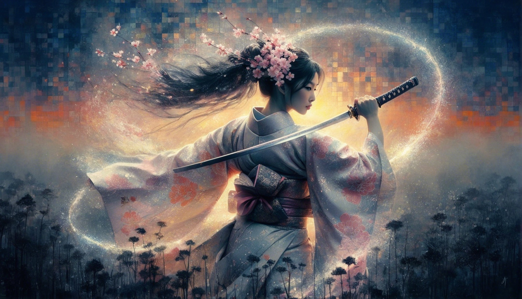 Serene Woman in Traditional Japanese Attire with Katana