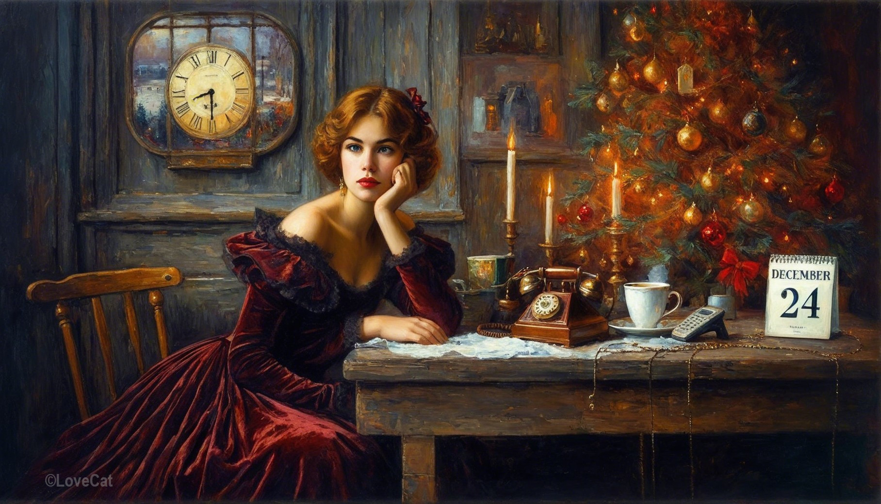 Victorian Woman in Dark Red Dress at Wooden Table