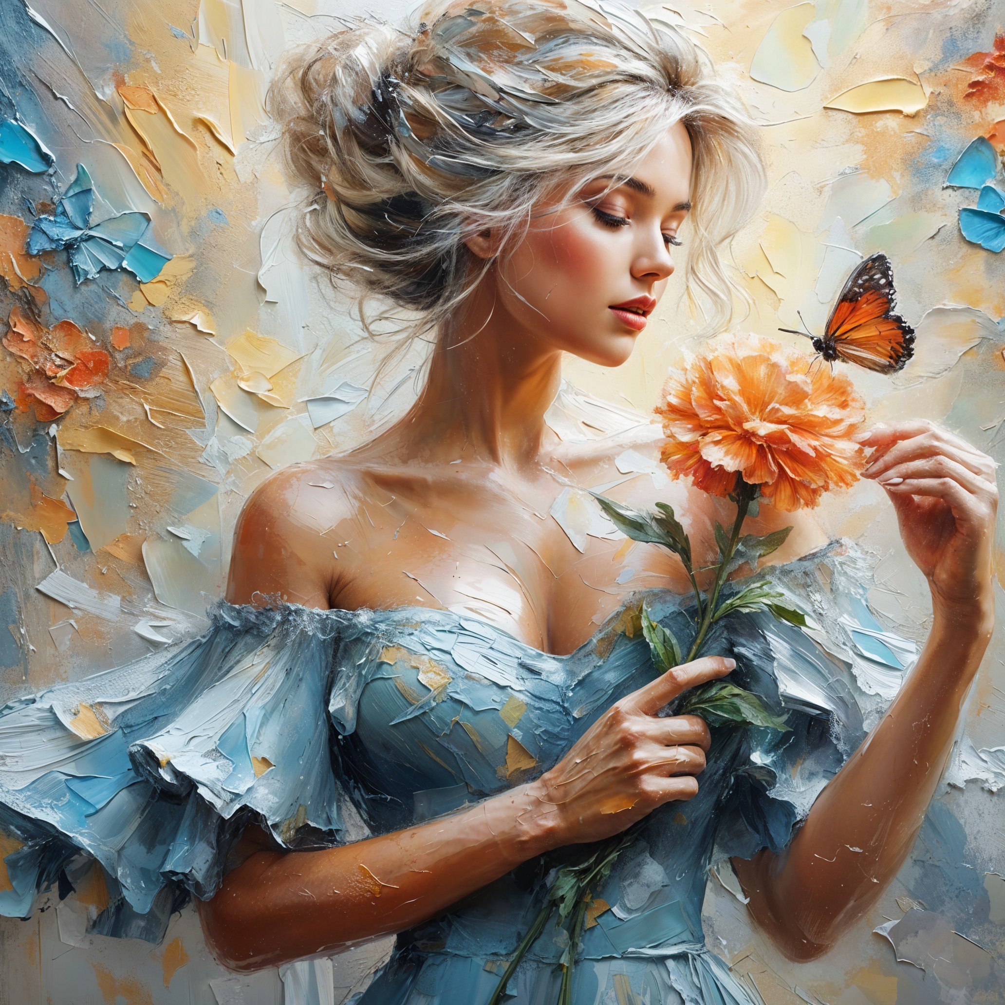 Serene Portrait of Woman with Flower and Butterfly