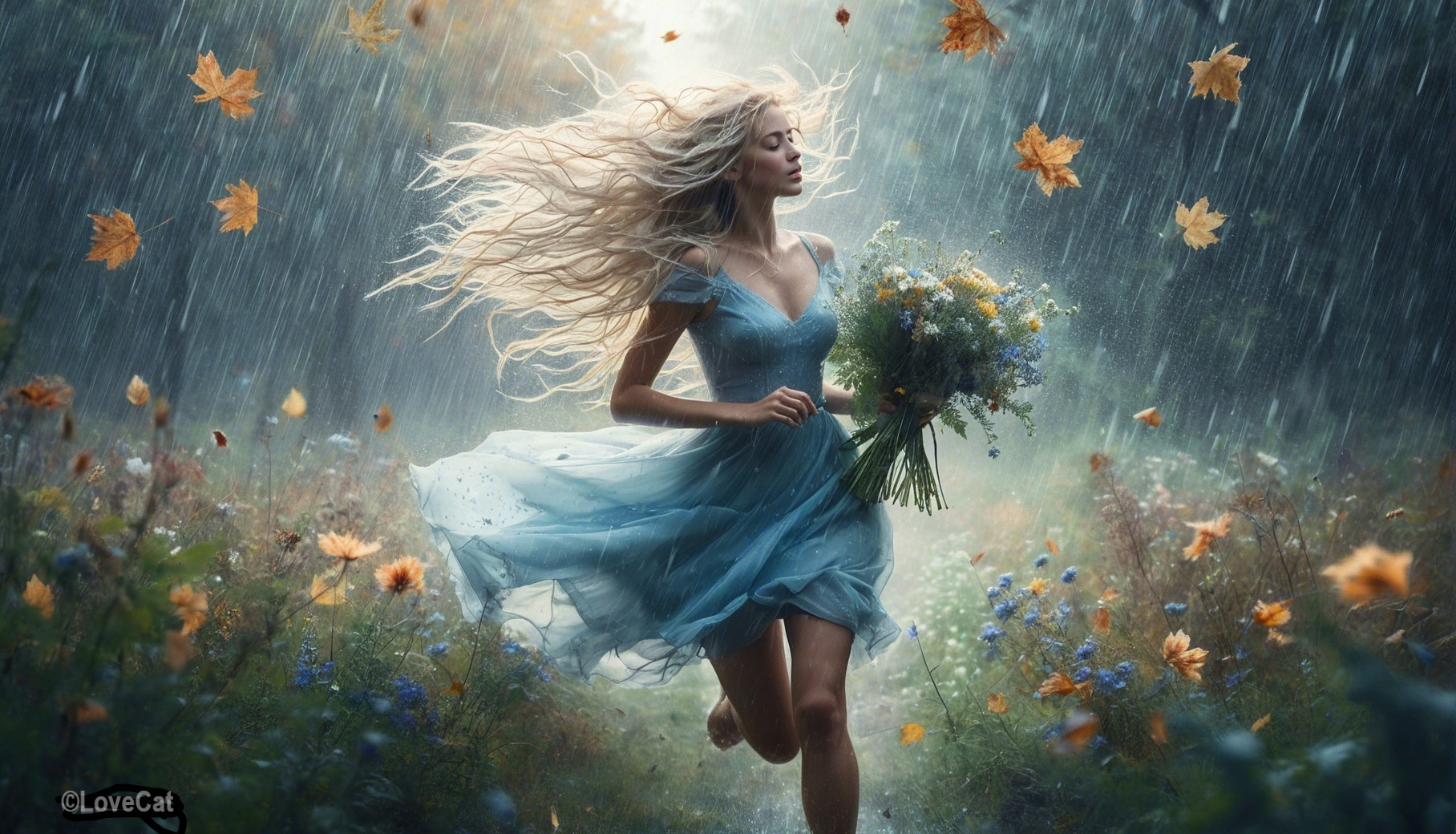 Light-skinned woman in blue dress running in rain with flowers