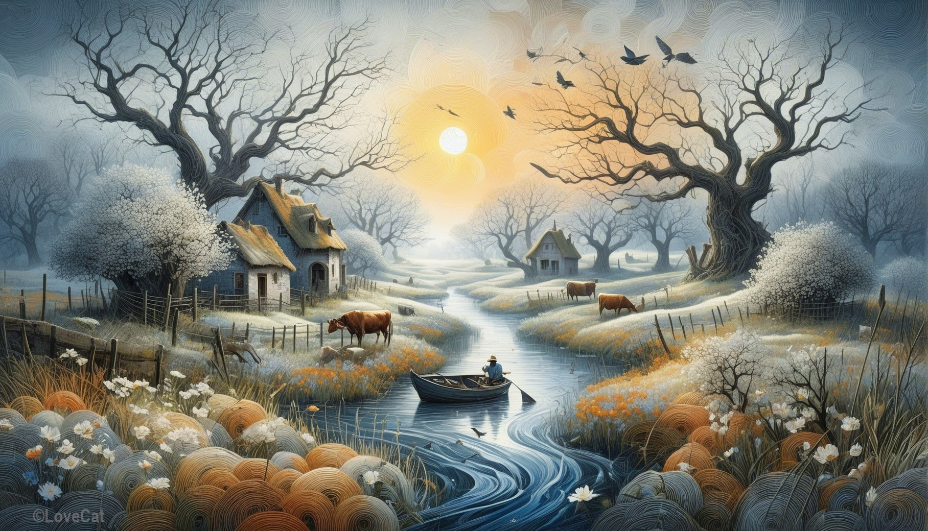 Serene Countryside Scene at Sunrise with River and Cows