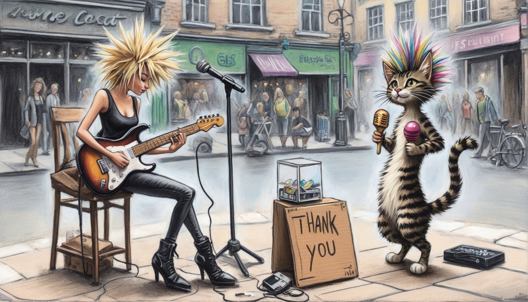 Rock Musician and Cat in Vibrant Street Scene