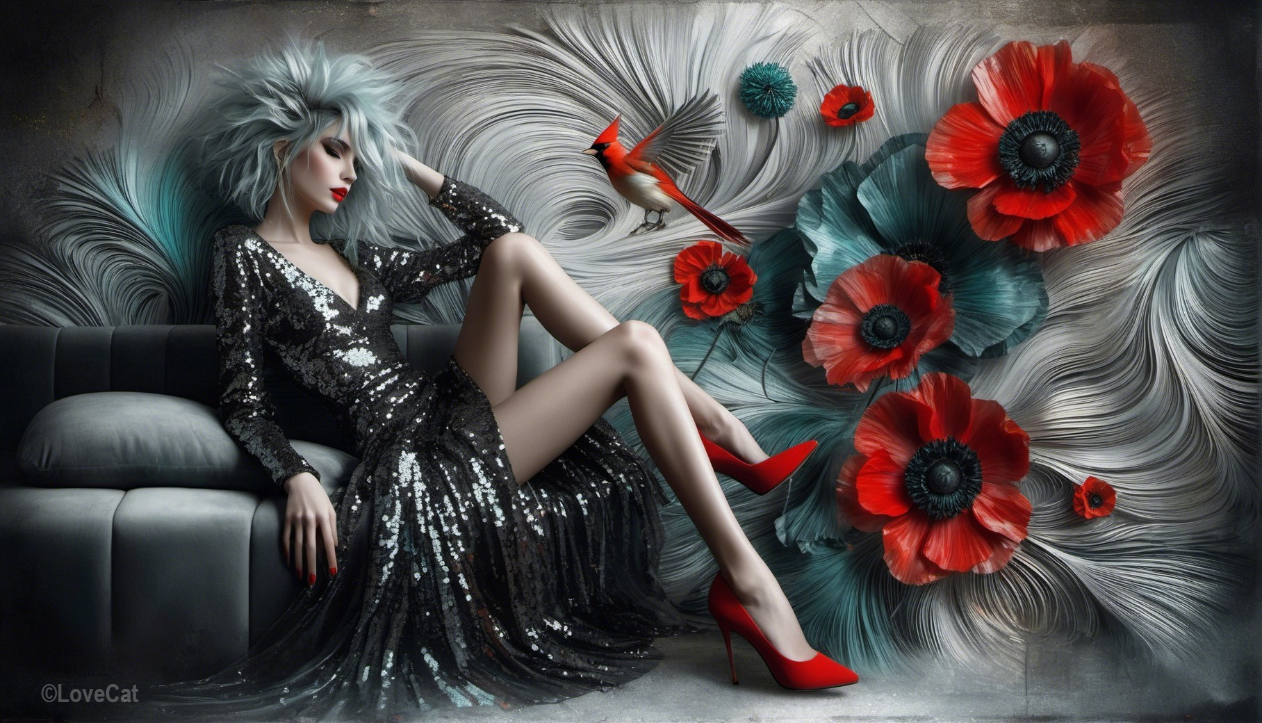 Elegant Woman in Black Sequined Dress on Sofa