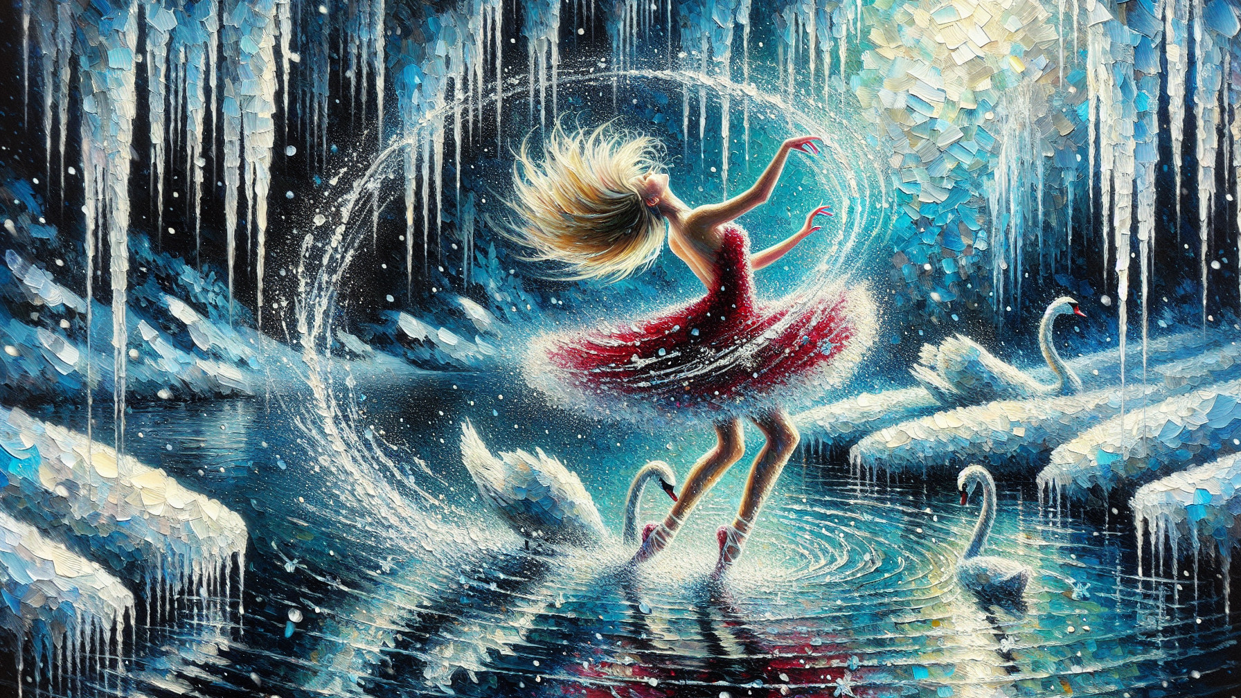 Dancer in Red Dress Amidst Winter Landscape and Swans