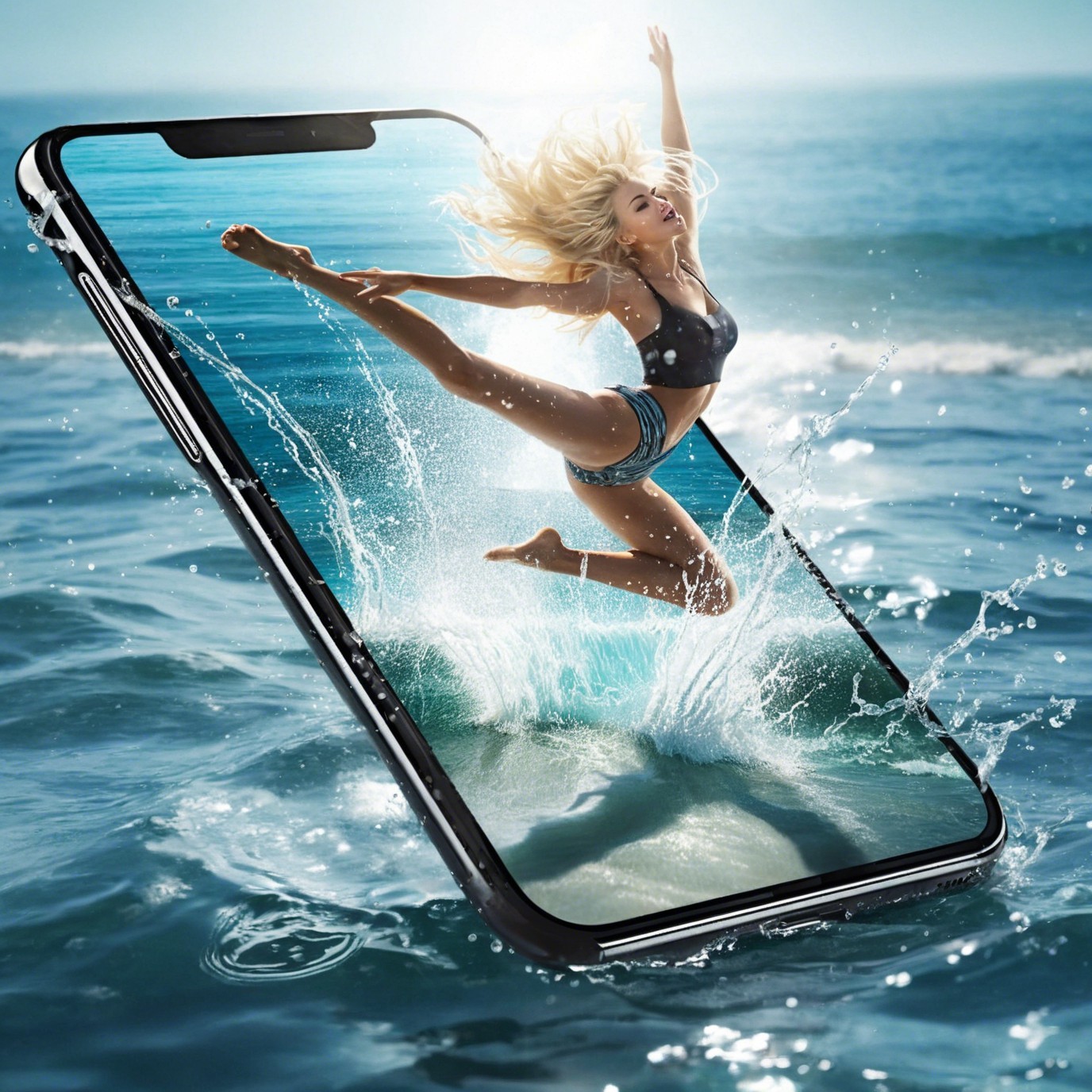 Smartphone Showcasing Woman Leaping Over Ocean Waves