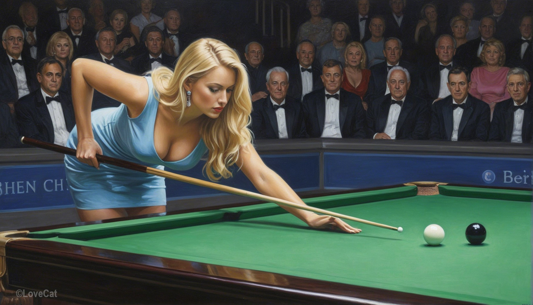 Blonde Woman in Blue Dress at Billiards Table