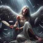 Sorrowful angel with white wings in a melancholic scene