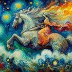 Vibrant Artwork of Woman on White Horse in Motion