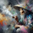 Elderly Woman in Straw Hat with Pipe and Colorful Background