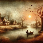 Serene sunset over a tranquil village by the river