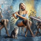 Women in Blue Dresses Playing Musical Instruments