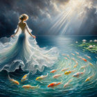 Woman in White Gown Surrounded by Koi Fish and Lilies
