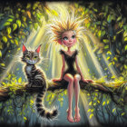 Whimsical Scene of Girl and Cat in Sunlit Tree