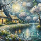 Serene Night Landscape with Cottages and River