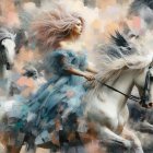 Woman in Sky-Blue Dress Riding White Horses