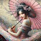 Young Woman with Pink Parasol and Cherry Blossoms