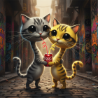Colorful Alley Scene with Cartoon Cats Sharing a Drink
