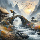 Serene Landscape with Stone Bridge and Misty Mountains