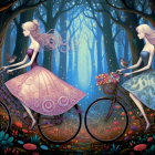 Women Cycling in a Mystical Forest Setting