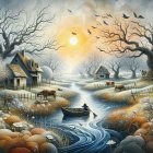 Serene Countryside Scene at Sunrise with River and Cows