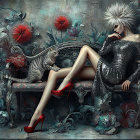 Woman in Silver Dress with Tabby Cat on Vintage Bench