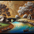 Tranquil Landscape with Trees, Farmhouses, and River