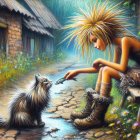 Young girl with fish and cat in rustic village setting
