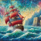 Vibrant seascape with ship, stormy sky, and town