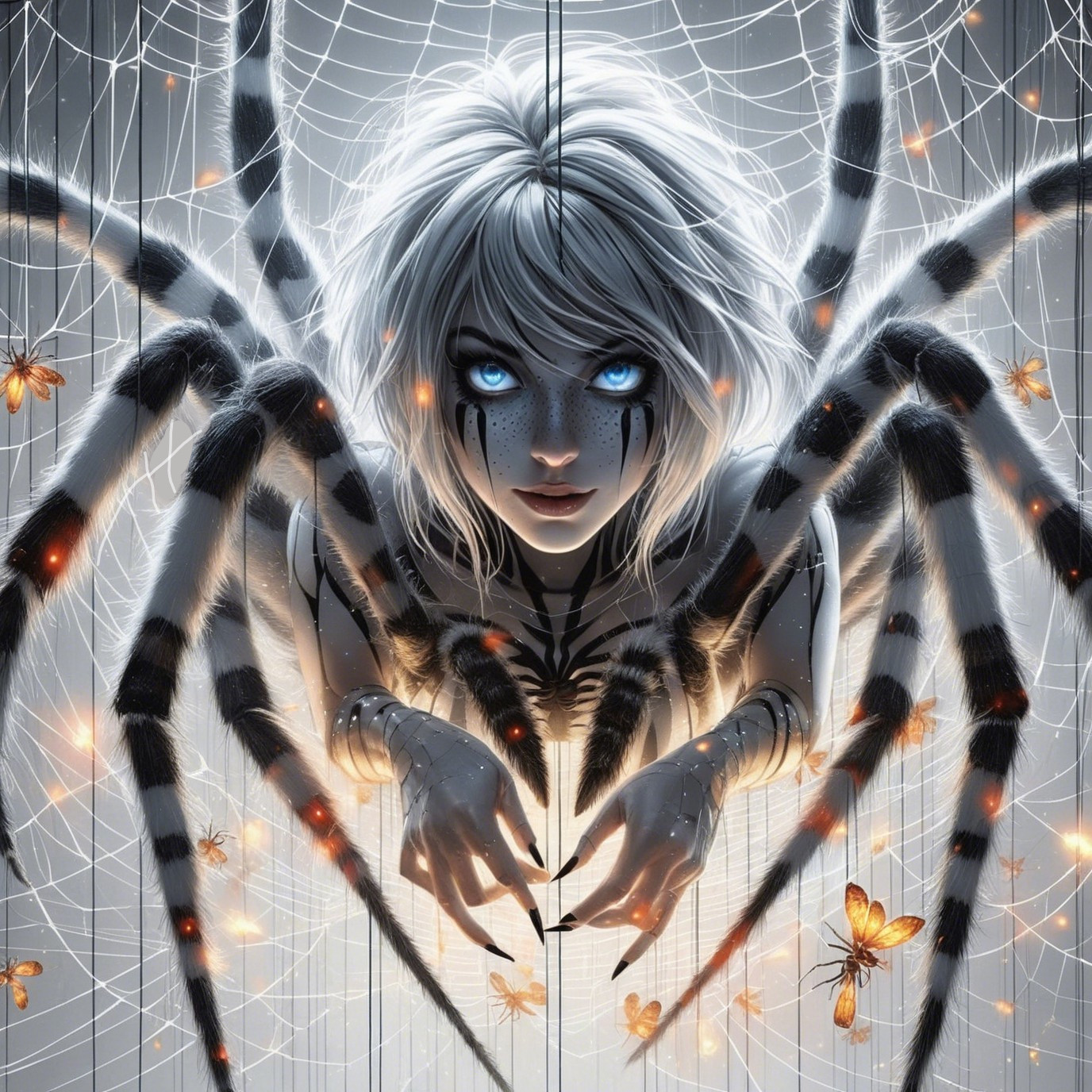 Hybrid figure with pale skin and blue eyes in web