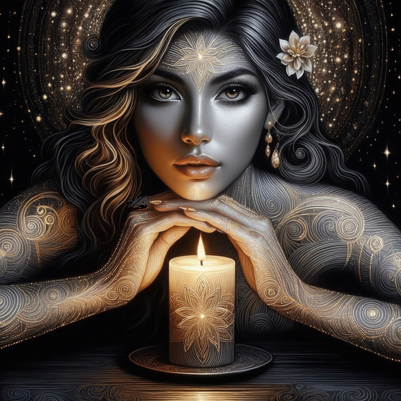 Detailed Artwork of a Woman with Flowing Hair and Candle