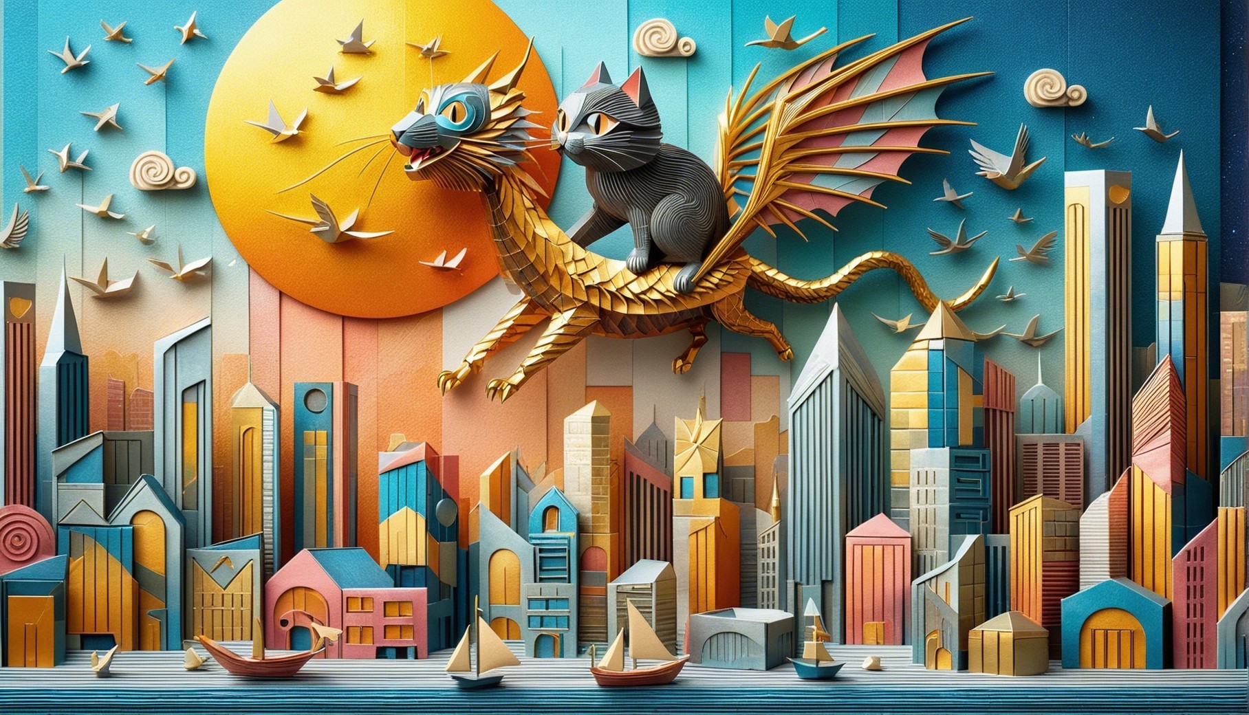 Colorful Paper Art Landscape with Dragon and Cat