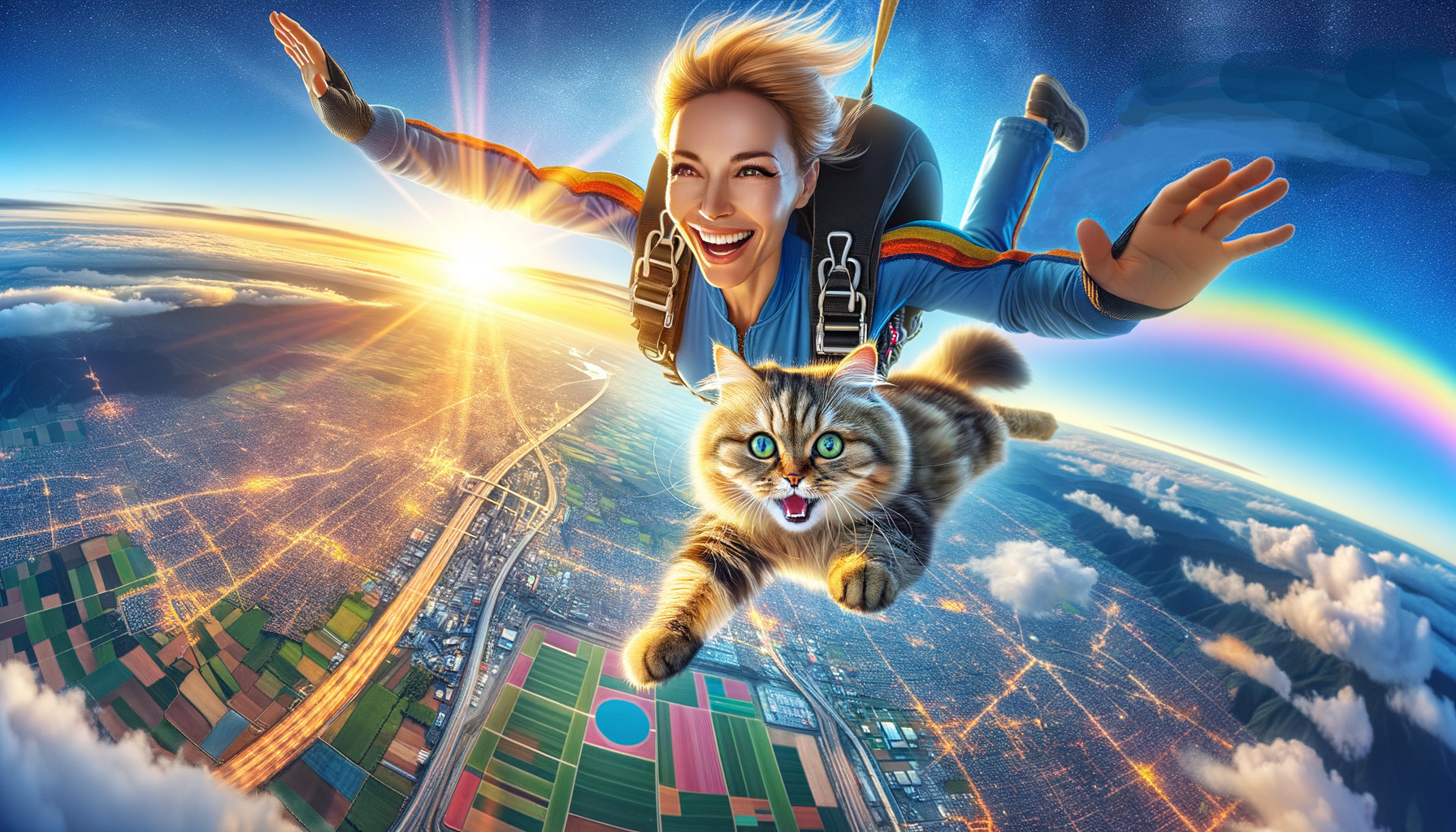 Skydiving Adventure with Woman and Cat at Sunset