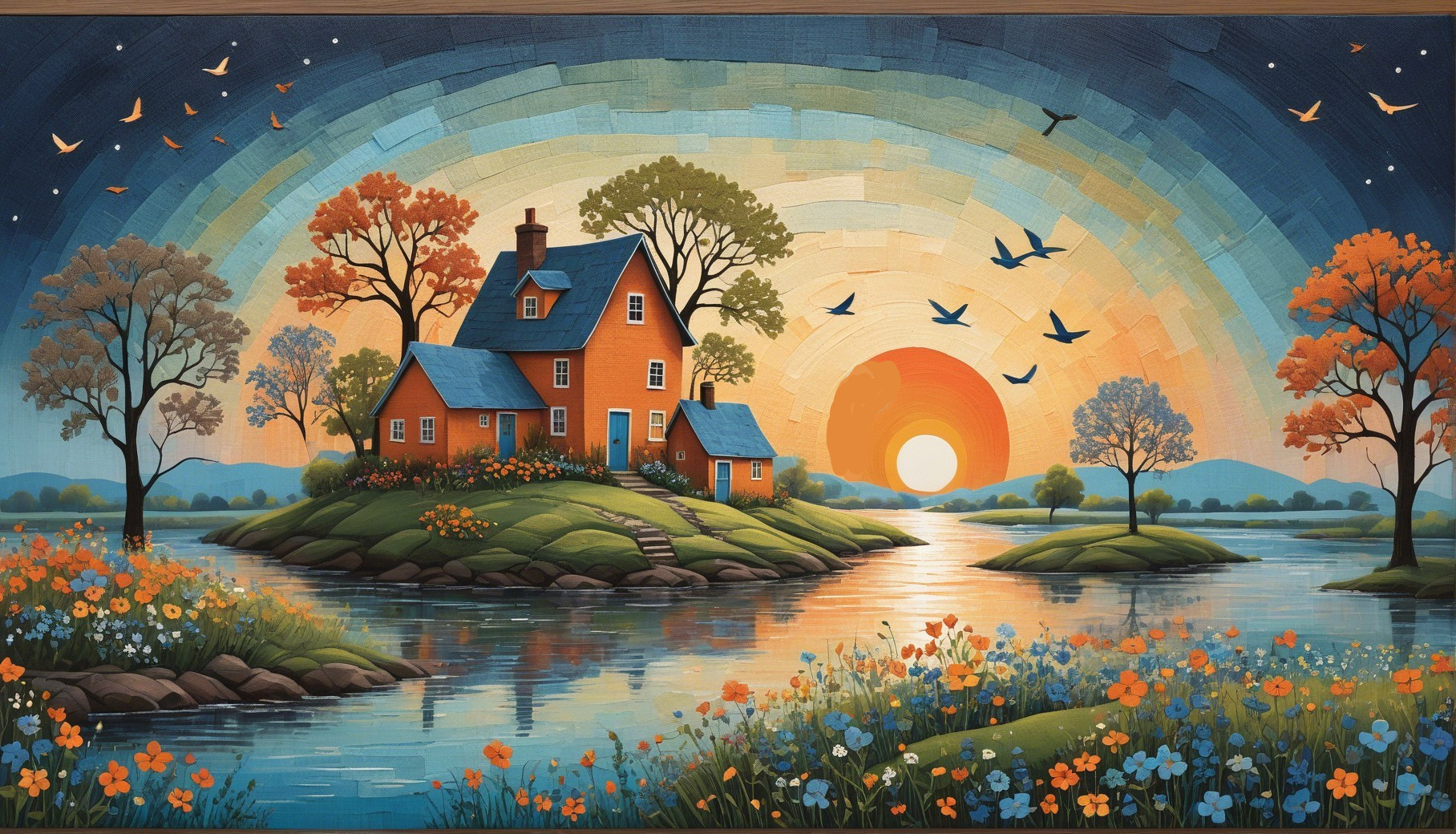 Serene Landscape with Orange House and Autumn Colors