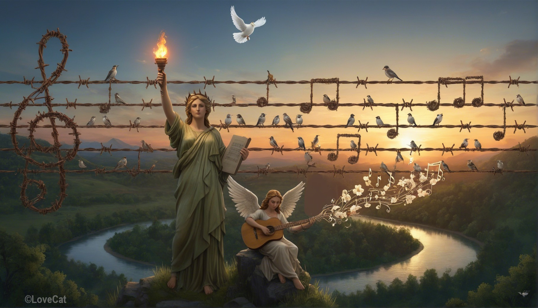 Serene Landscape with River and Symbolic Figures