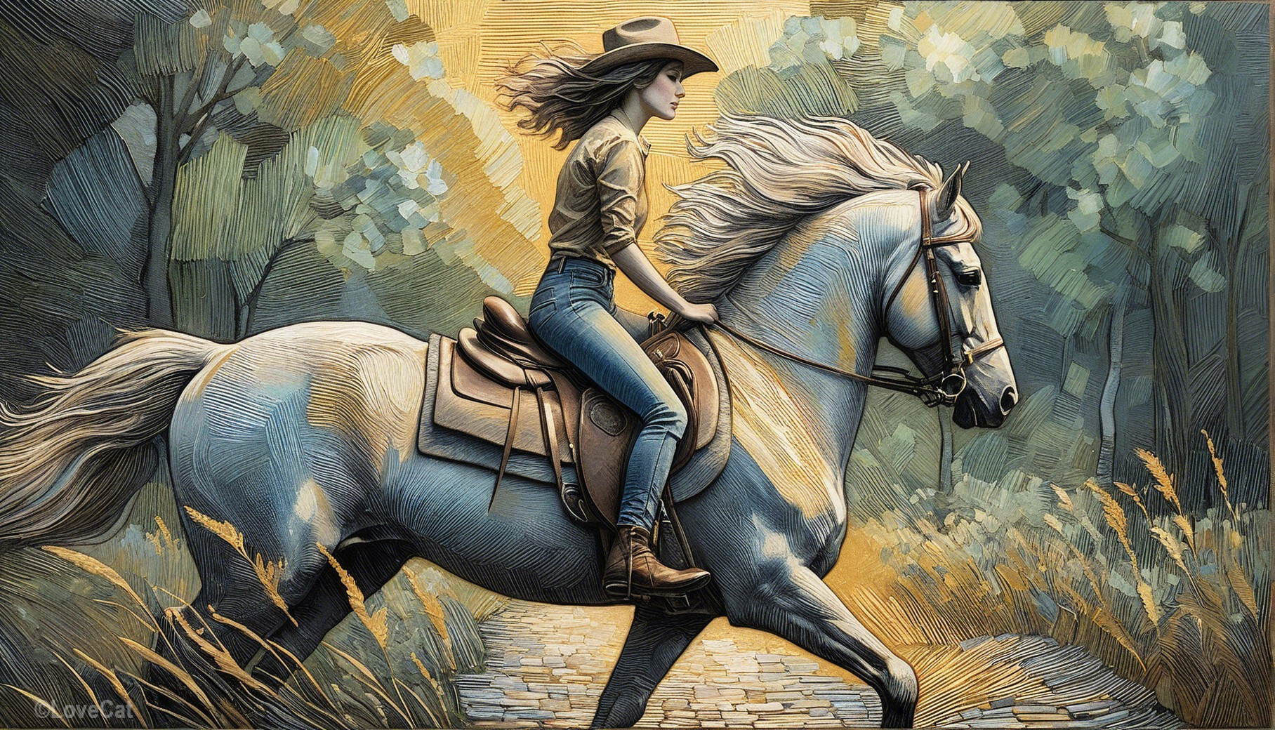 Young Woman Riding Gray Horse in Sunlit Forest