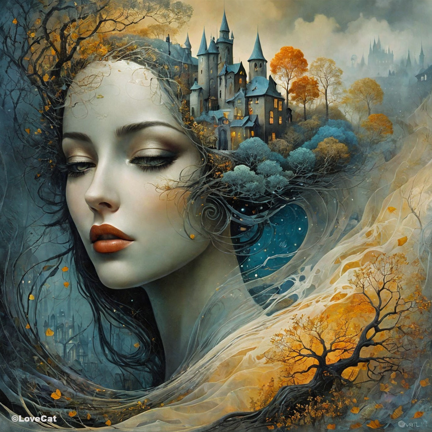 Serene Woman with Flowing Hair and Mystical Landscape