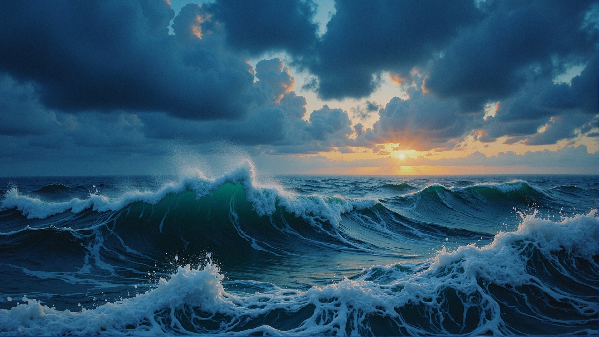 Dramatic Seascape at Sunset with Tumultuous Waves