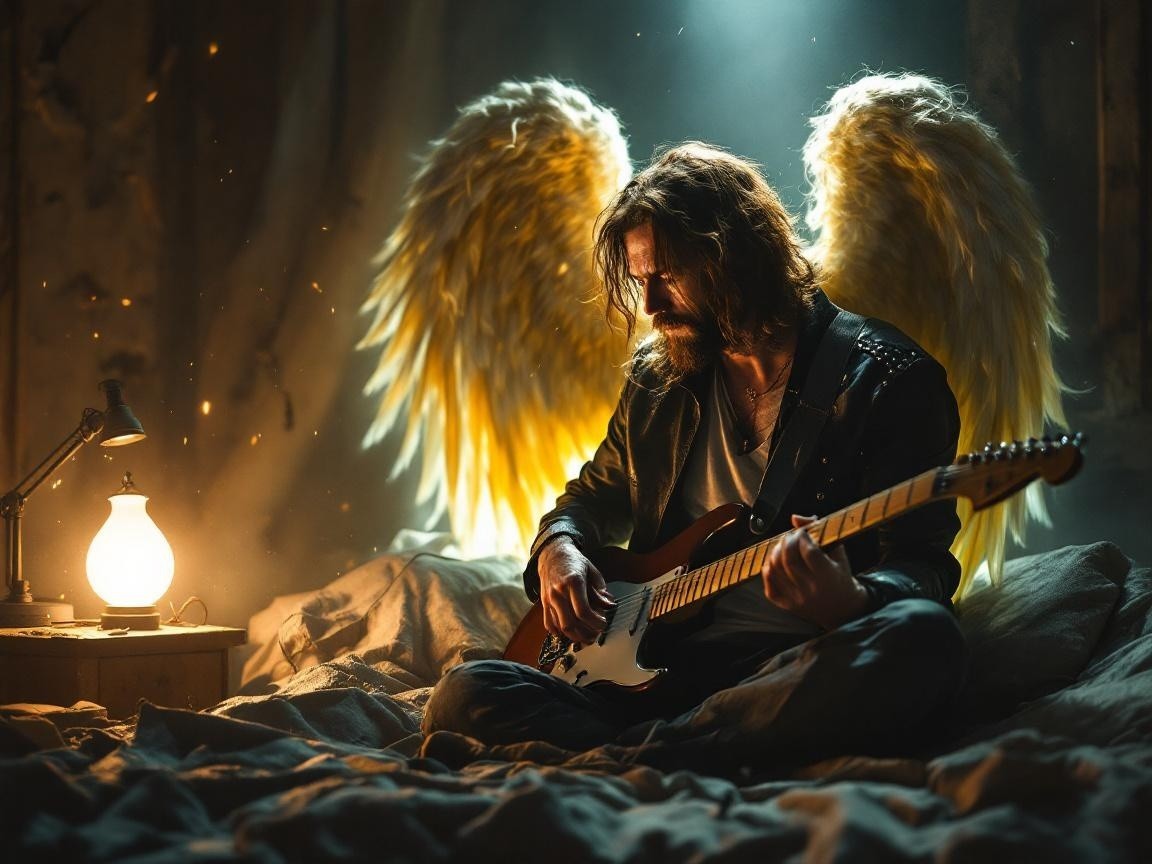 Bearded Man with Angelic Wings Playing Guitar in Room