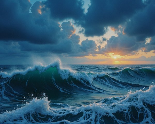 Dramatic Seascape at Sunset with Tumultuous Waves